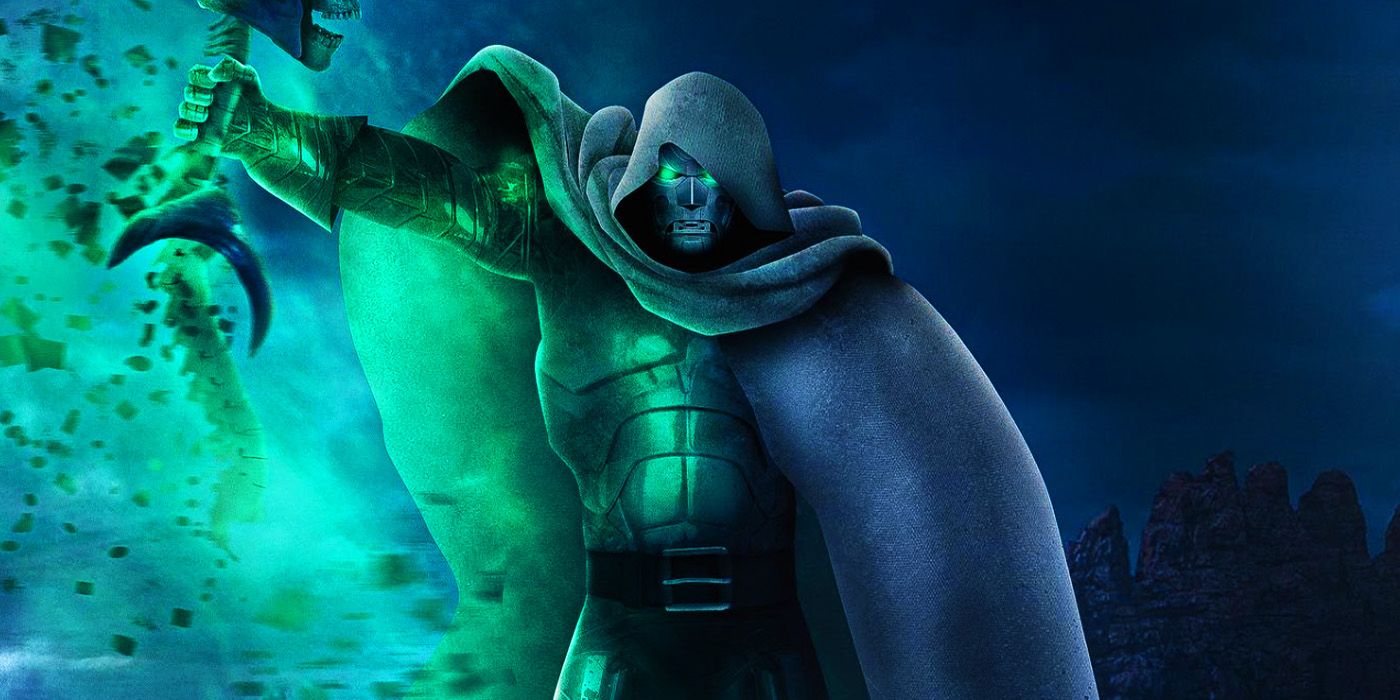 MCU Doctor Doom arrancando el esqueleto de Thanos de su cuerpo imaginado en el arte brutal de Avengers 6