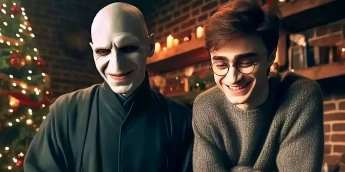 Harry Potter y Voldemort son mejores amigos inquietantemente dulces en imágenes de arte navideño