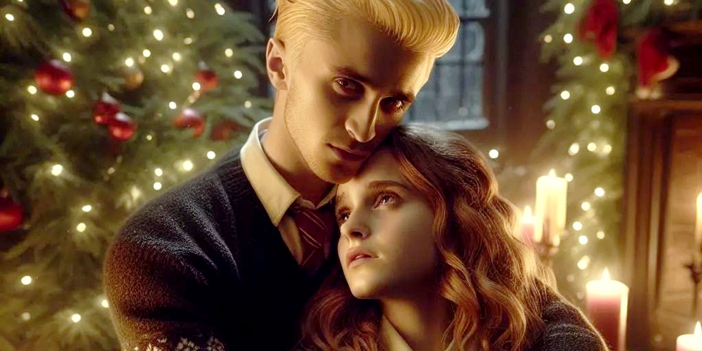 Hermione y Draco son una pareja festiva en el acogedor arte de Harry Potter