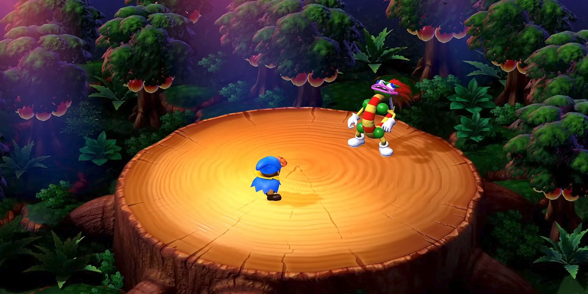 Bowyer se recupera del ataque de Geno sobre el tronco de un árbol gigante en una captura de pantalla de Super Mario RPG.