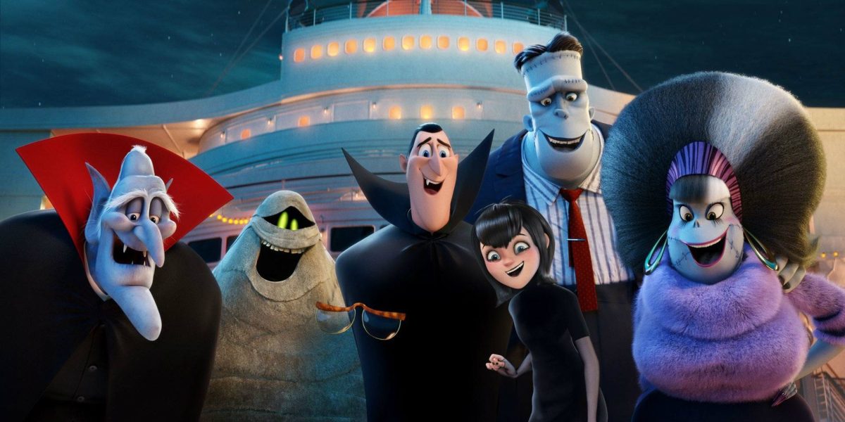 Hotel Transylvania 3 characters smile at the camera.