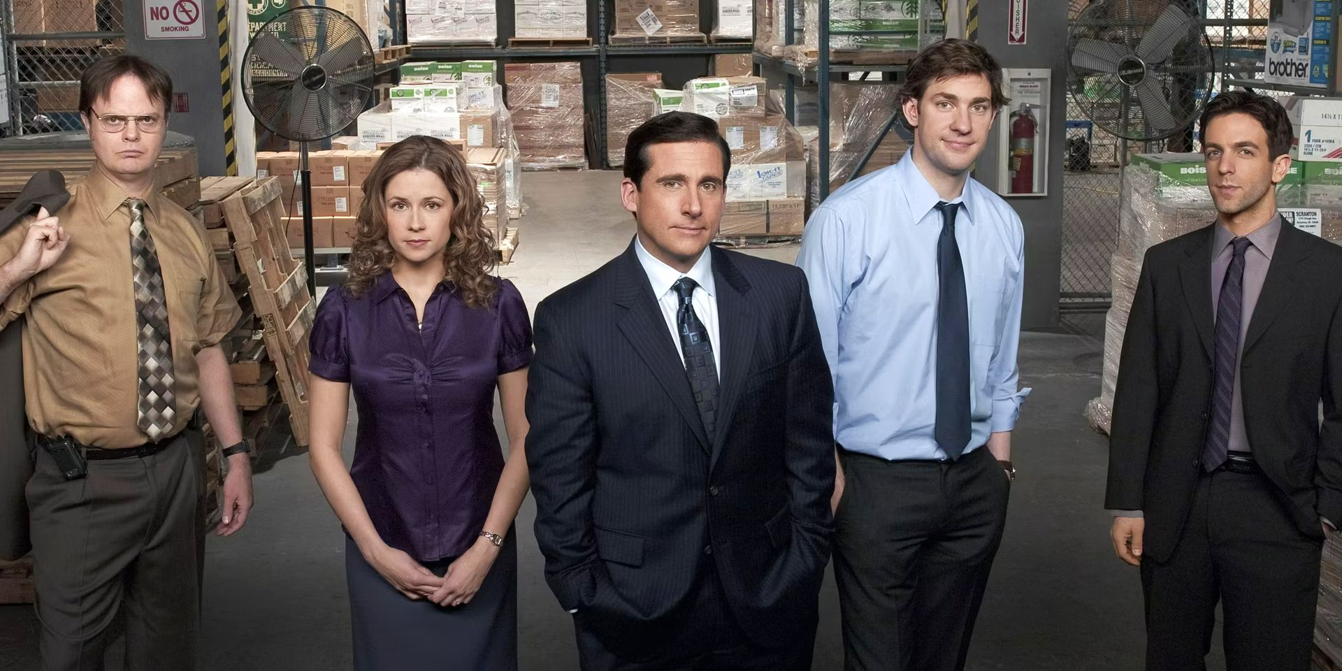 El elenco de personajes principales de Office: Dwight, Pam, Michael, Jim, Ryan.