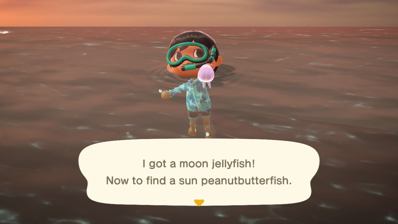 Jugador de Animal Crossing New Horizons atrapando medusas lunares en el océano
