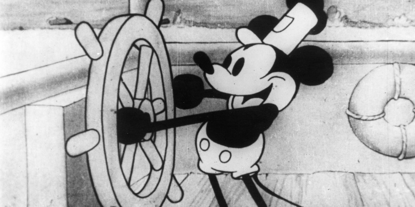 Mickey Mouse dirigiendo un barco de vapor en Steamboat Willie