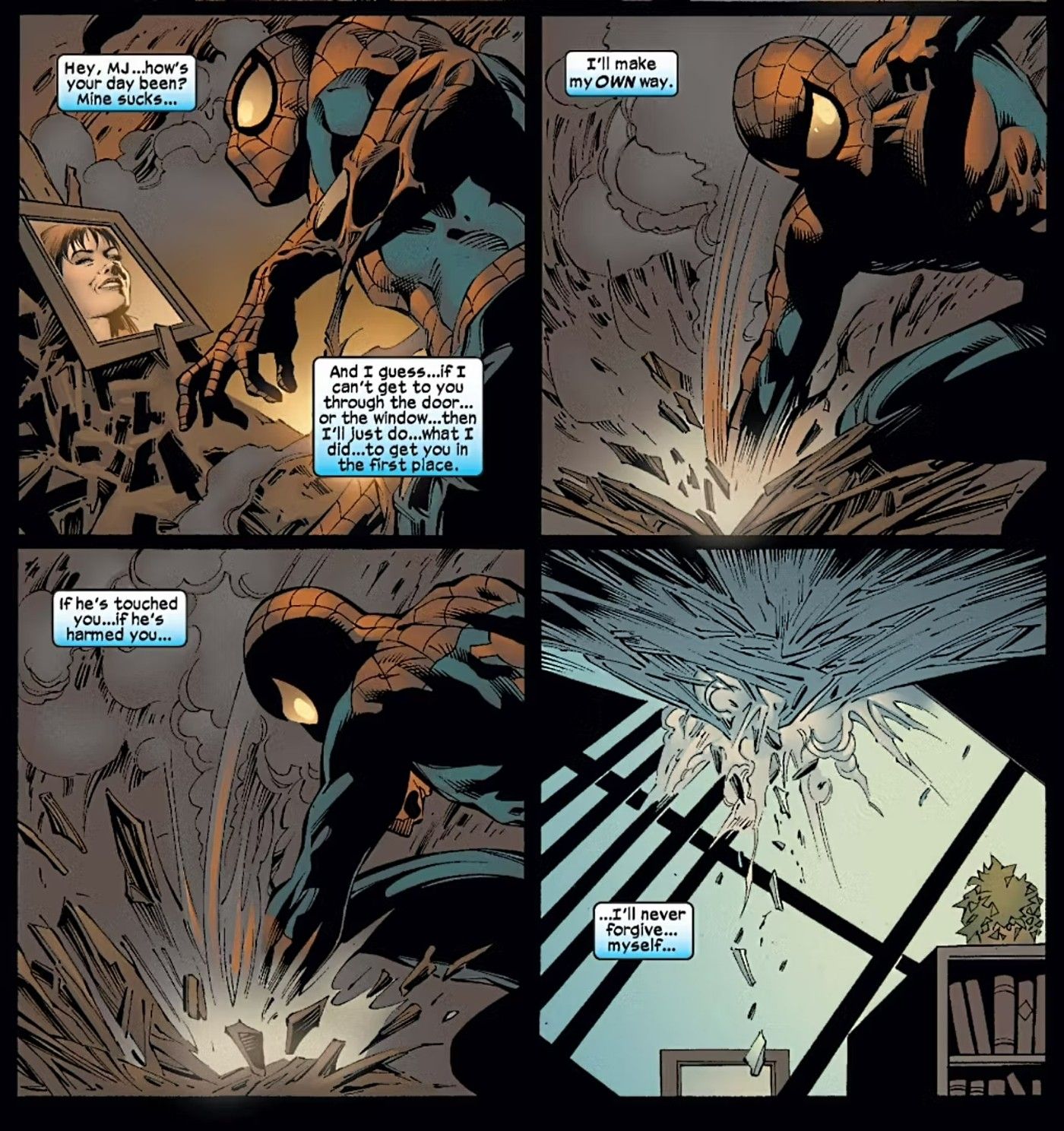 Spider-Man golpea el suelo de su apartamento en llamas y le dice a una imagen de MJ que, si ella ha sido lastimada, él nunca se lo perdonará.
