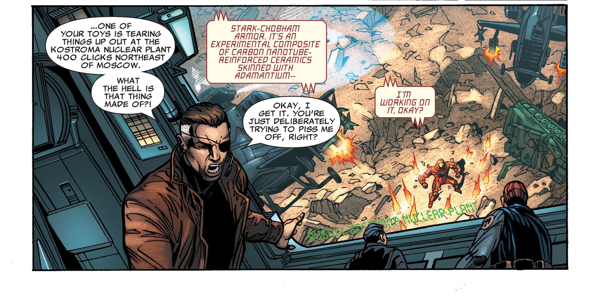 Iron Man le explica a un enojado Nick Fury cómo funciona su adamantium Argonaut. 
