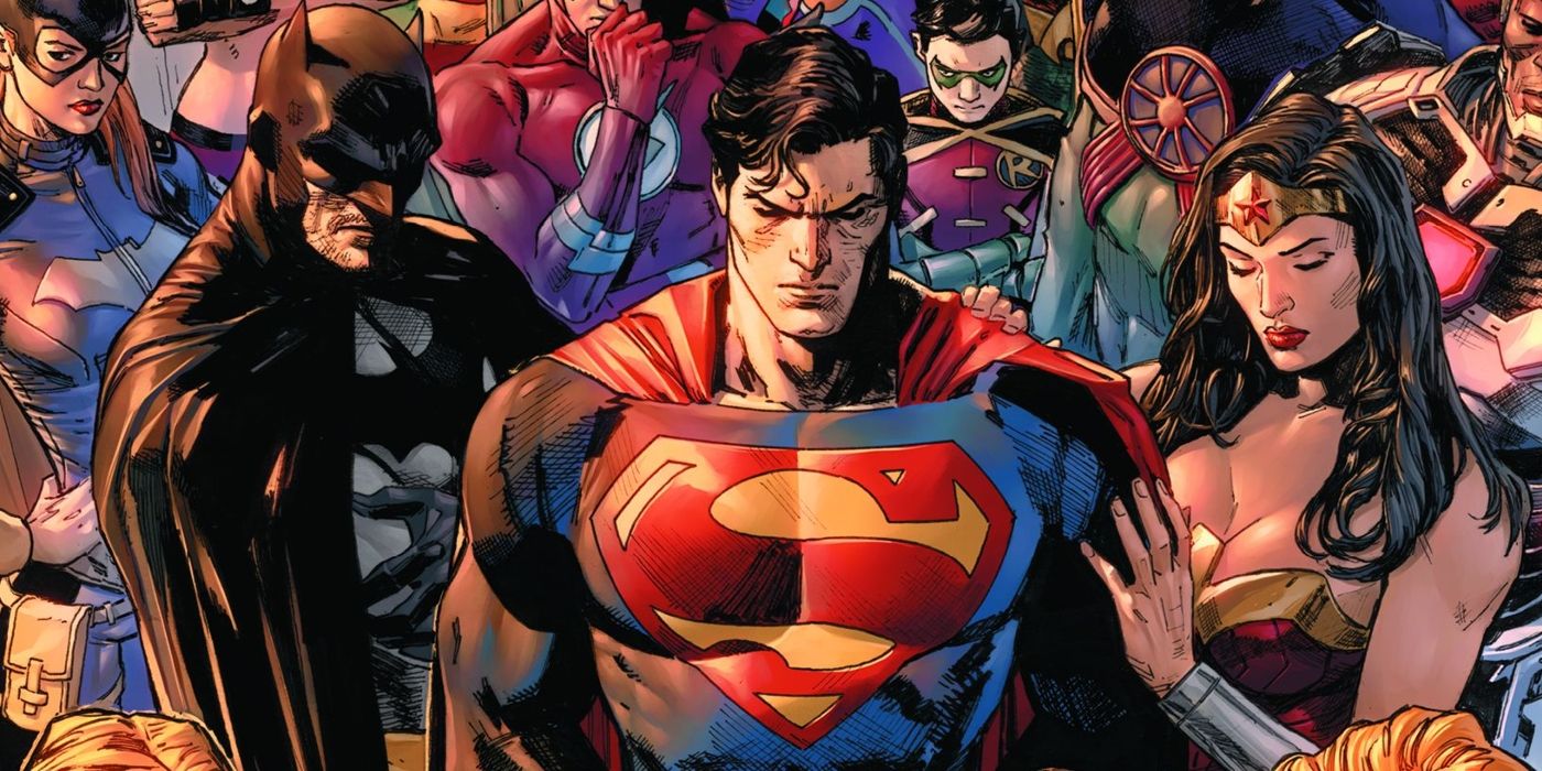 Arte del cómic: la Liga de la Justicia reunida con Batman, Superman y Wonder Woman.
