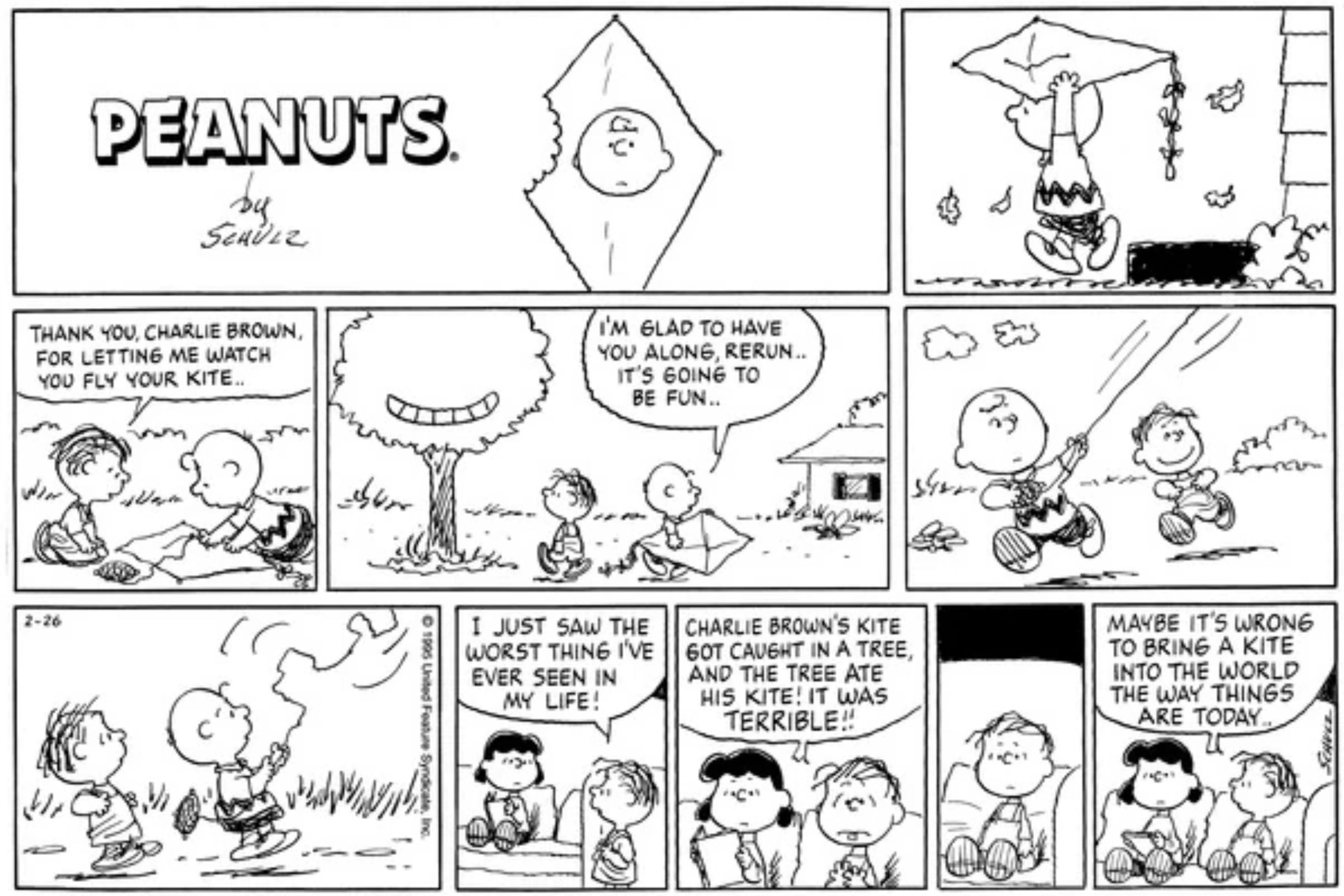 Charlie Brown, Lucy y Linus con el árbol que come cometas en Peanuts.