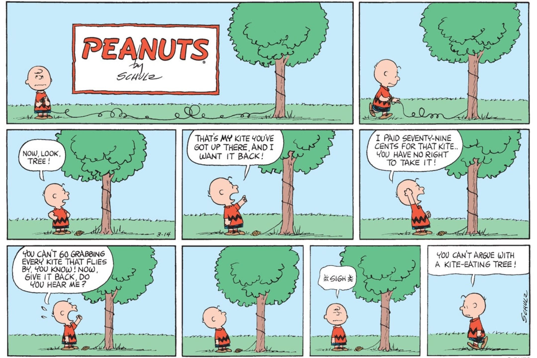 Charlie Brown y el árbol come cometas en Peanuts.