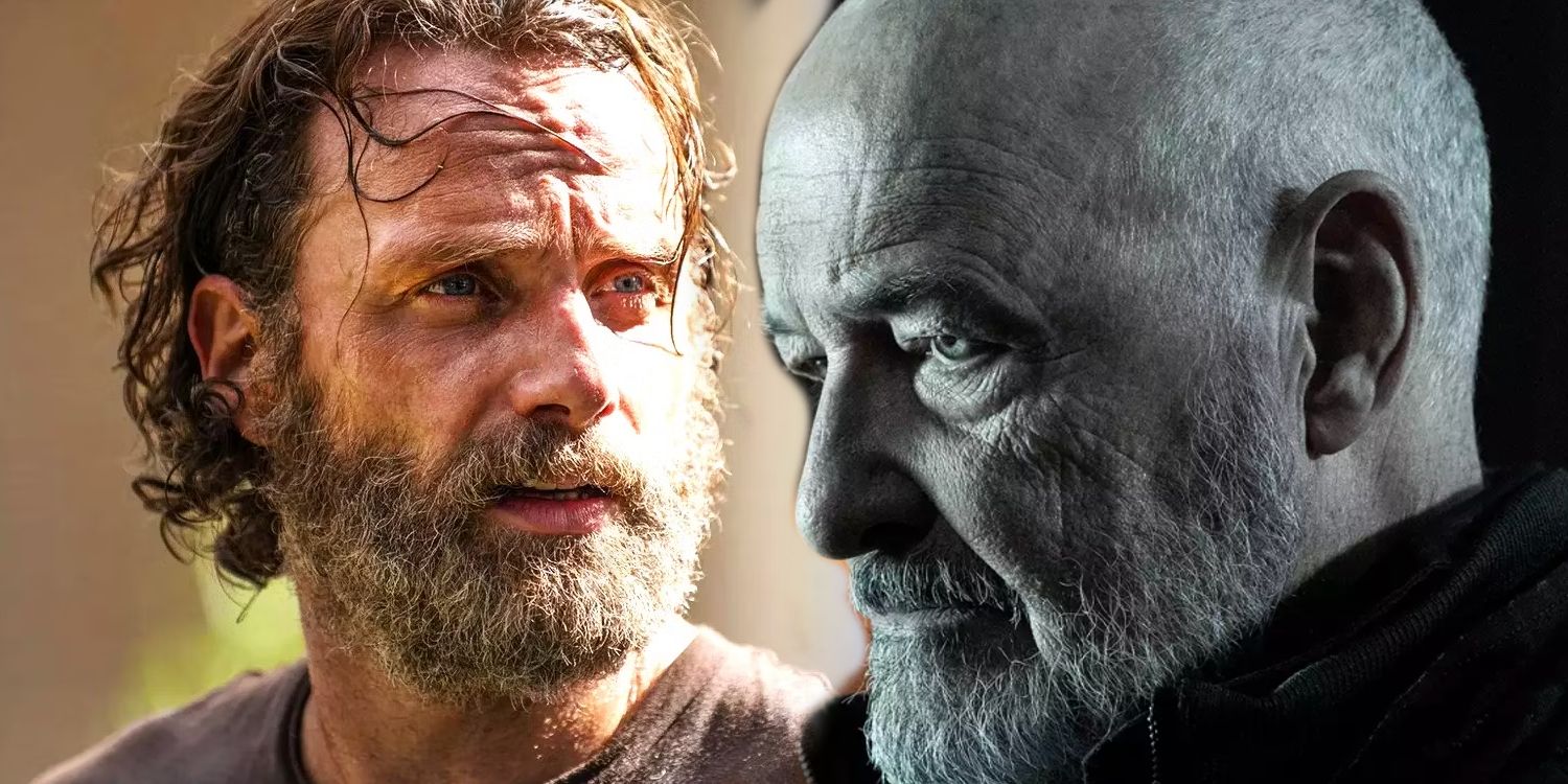 Rick Grimes con vello facial preocupado y el general de división Beale estoico en The Walking Dead