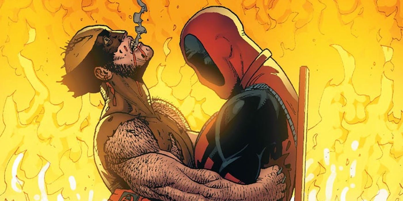 Wolverine y Deadpool abrazados, rodeados de llamas