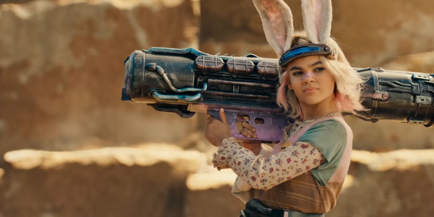 Ariana Greenblatt como Tiny Tina sosteniendo un lanzacohetes en Borderlands