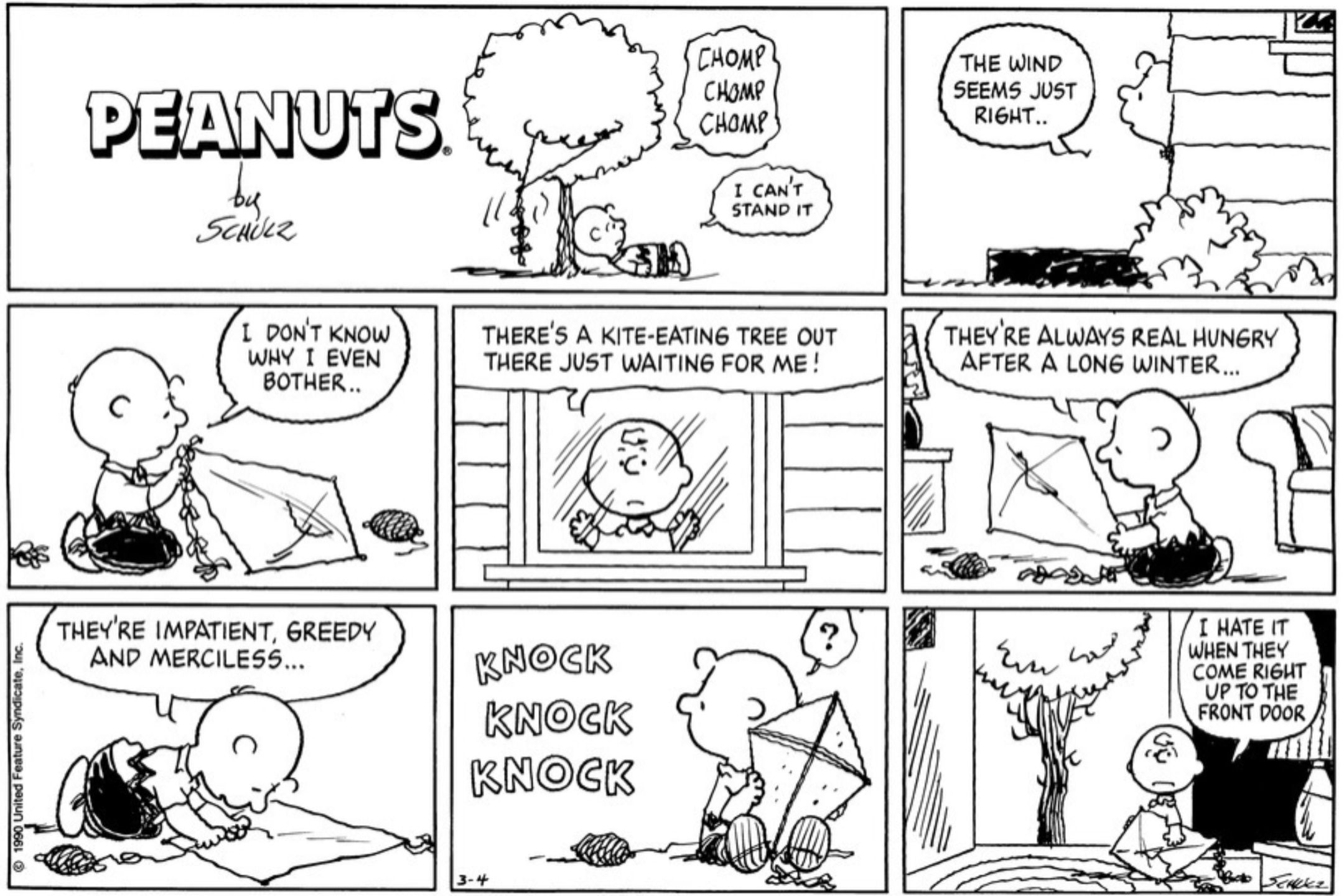 Charlie Brown con el árbol come cometas en Peanuts.