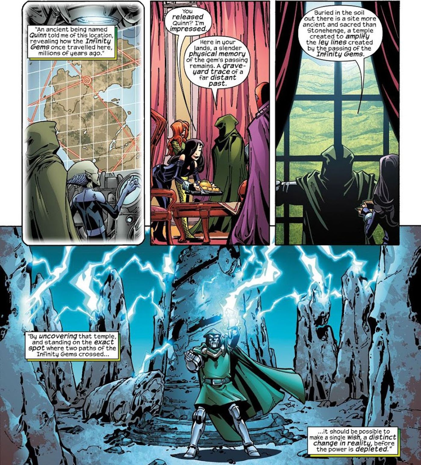 Doctor Doom explica que los caminos donde se cruzan las Gemas del Infinito conceden un deseo. 