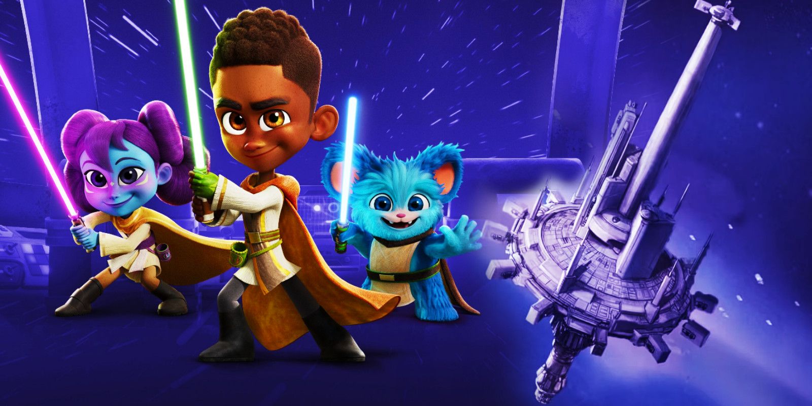 Kai, Lys y Nubs en Star Wars: Young Jedi Adventures con una imagen de Starlight Beacon