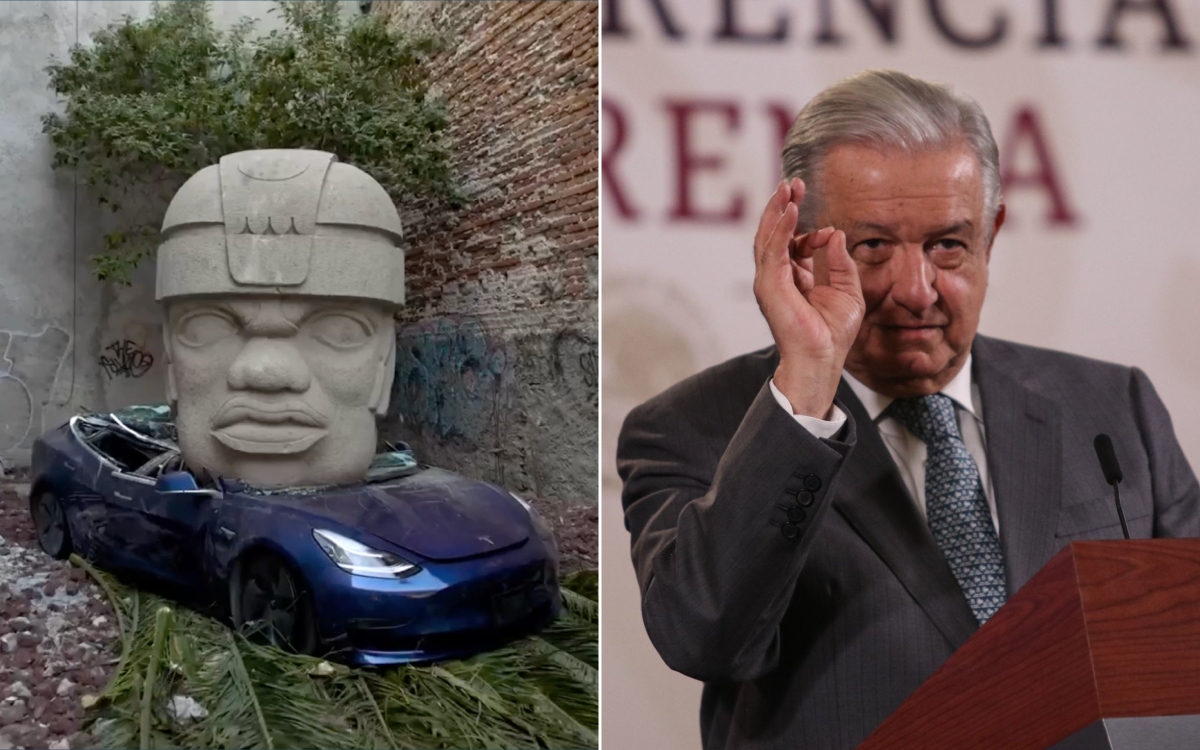 AMLO celebra cabeza Olmeca que aplastó un auto Tesla: ‘me gustó’