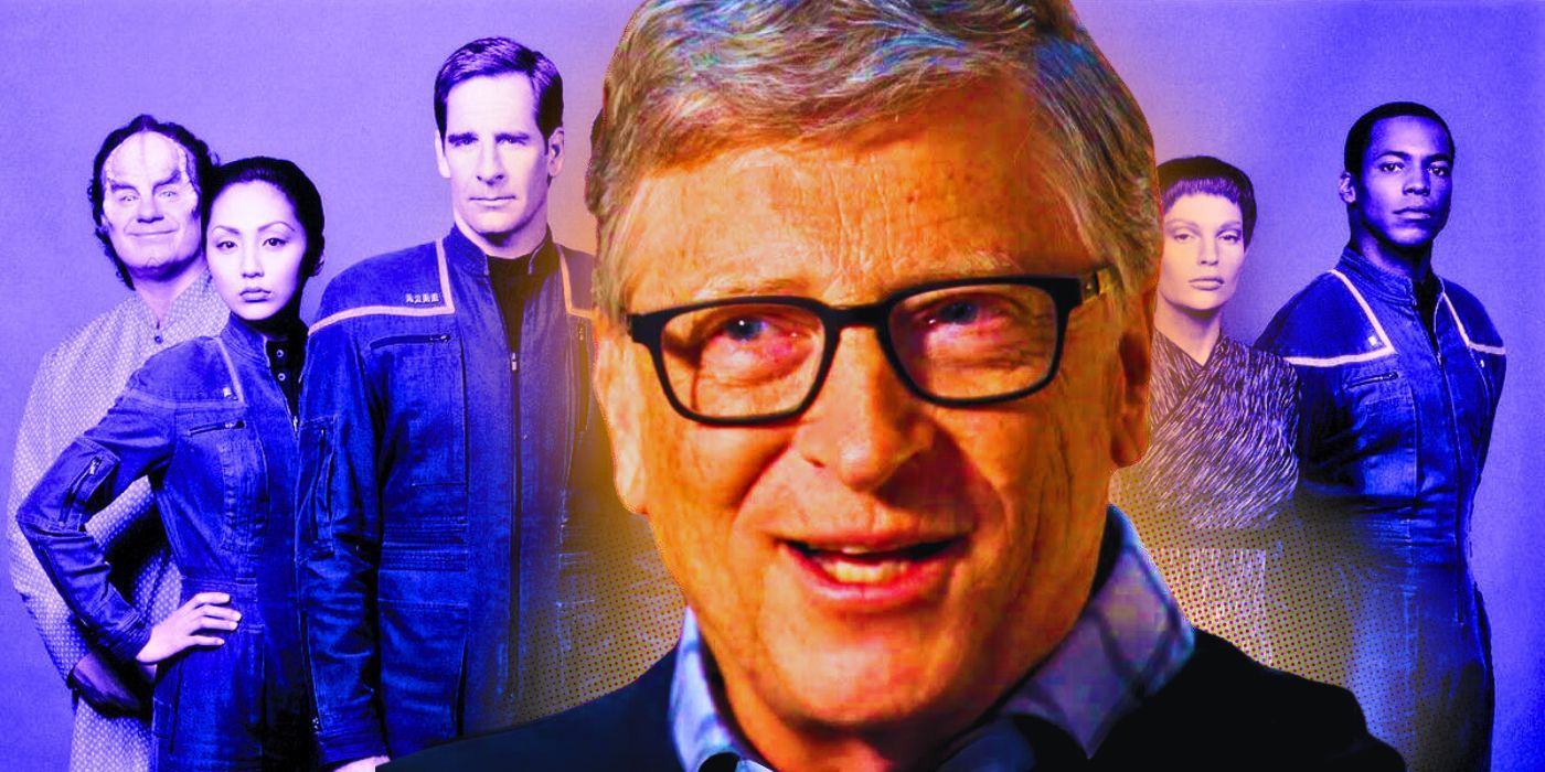 Bill Gates feliz y el elenco de Star Trek: Enterprise detrás de él
