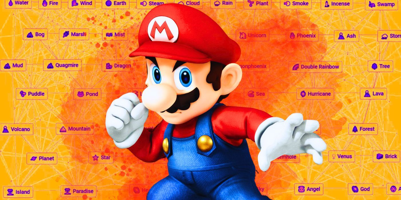 Mario haciendo una pose de acción sorprendente y levantando el puño derecho contra un fondo naranja de artesanía infinita