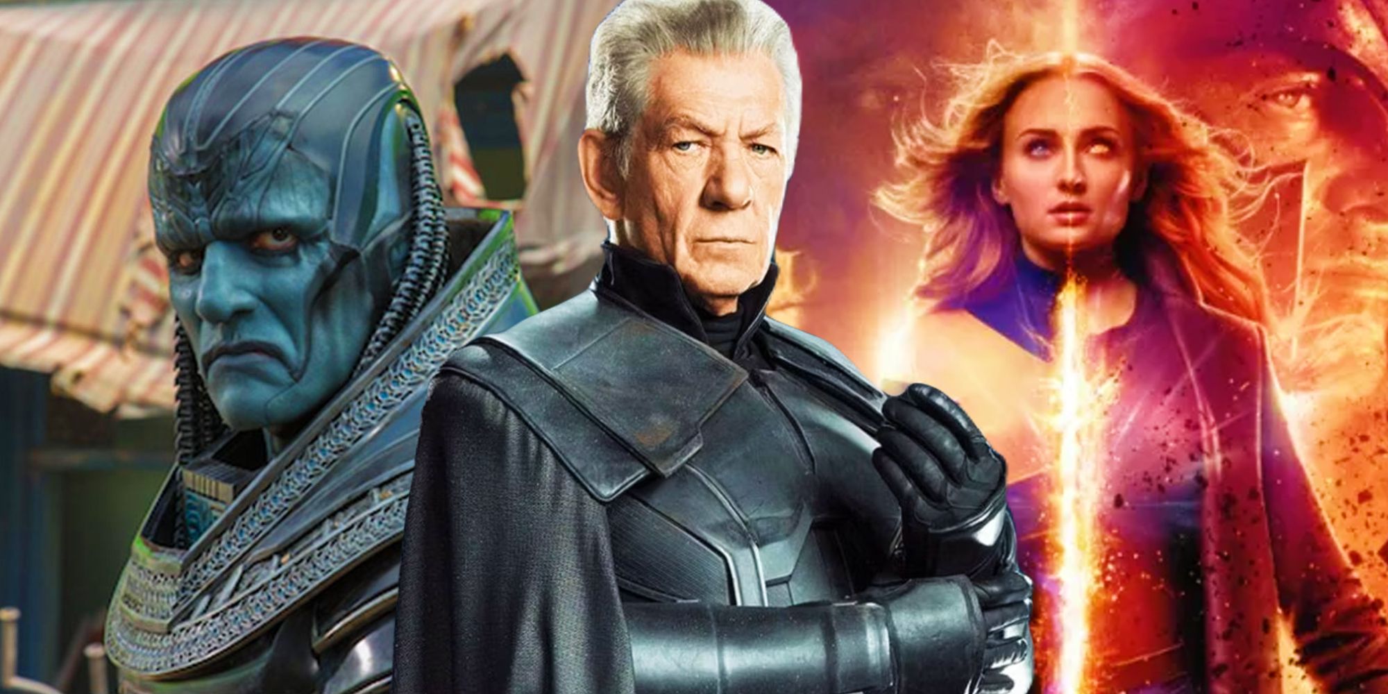 Apocalipsis y Magneto espalda con espalda de las películas de X-Men junto al cartel de Dark Phoenix