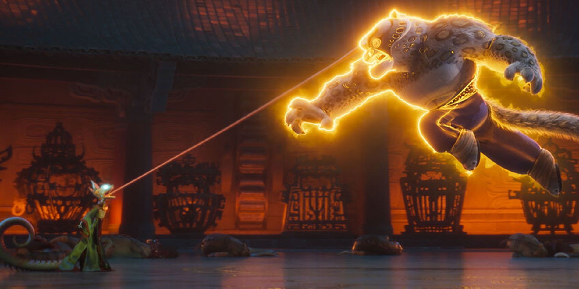 El Camaleón detiene a Tai Lung en el aire en Kung Fu Panda 4