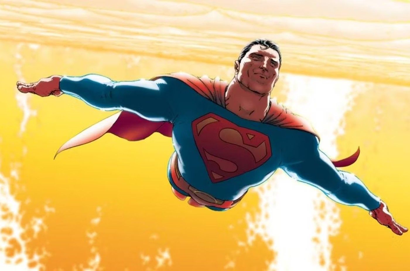Arte estelar de Superman donde vuela más allá de un sol.