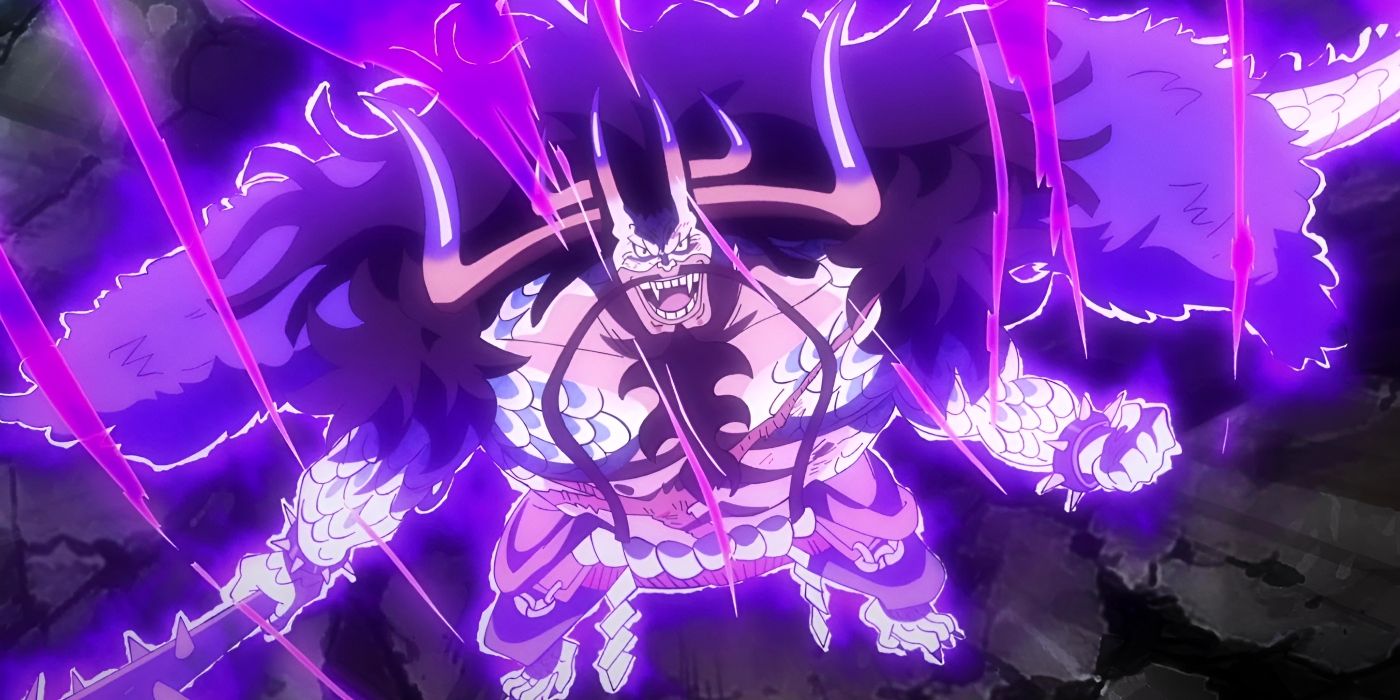 Kaido en su forma híbrida usa el Haki de Conqueror mientras lucha contra Luffy en la azotea del Skull Dome en One Piece.