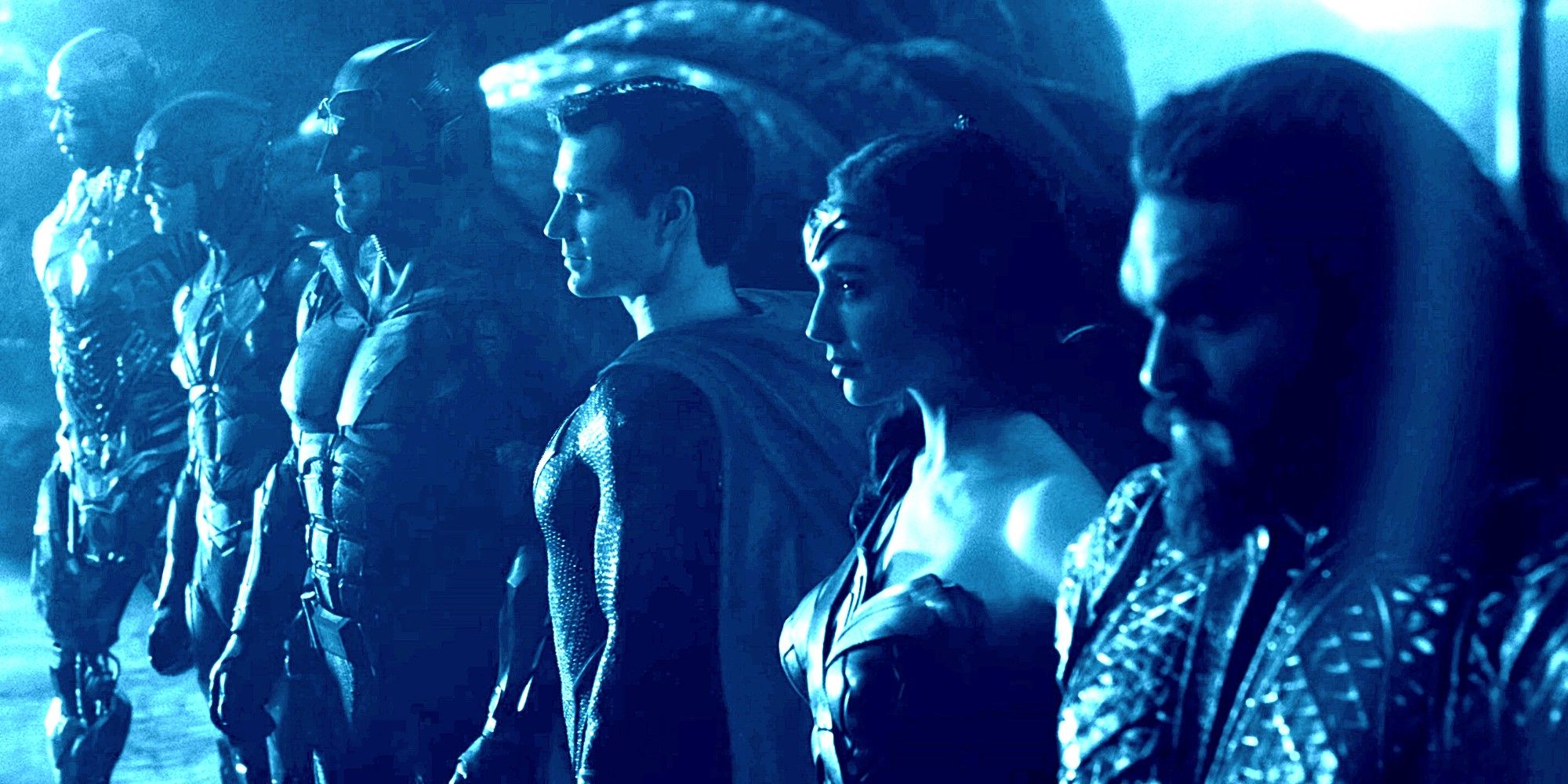 Cyborg, The Flash, Batman, Superman, Wonder Woman And Aquaman Standing In A Line In Zack Snyder's Justice League