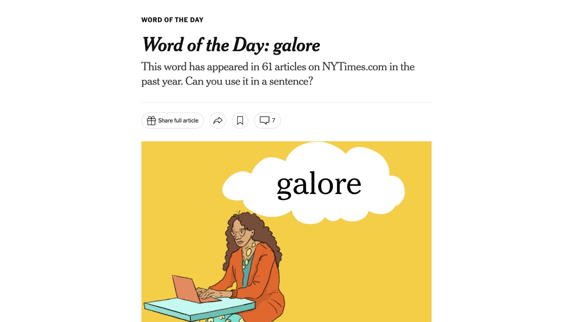 Página de Palabra del día del NYT que presenta la palabra Galore.