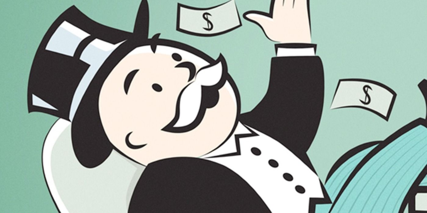 Milburn Pennybags con dinero lloviendo sobre él en el documental Ruthless: Monopoly's Secret History.