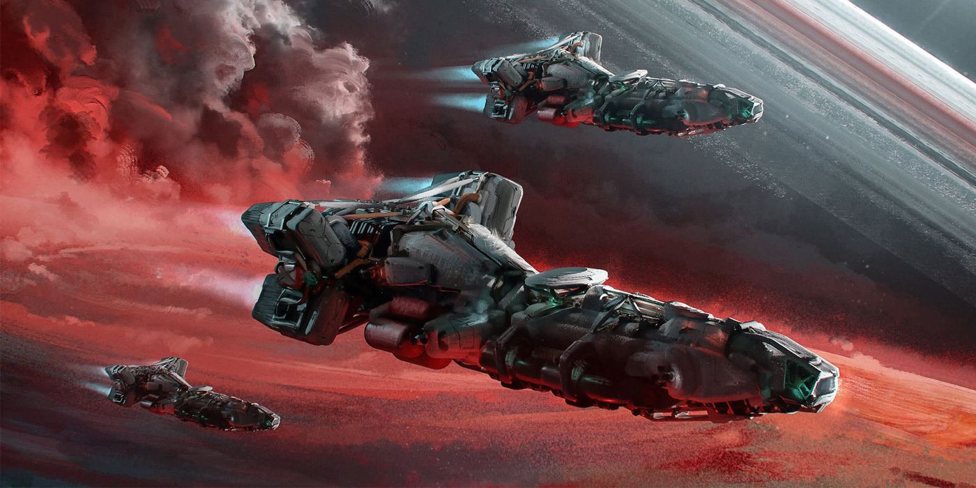 Arte conceptual de Starfield que muestra las naves de la Crimson Fleet volando por el espacio.