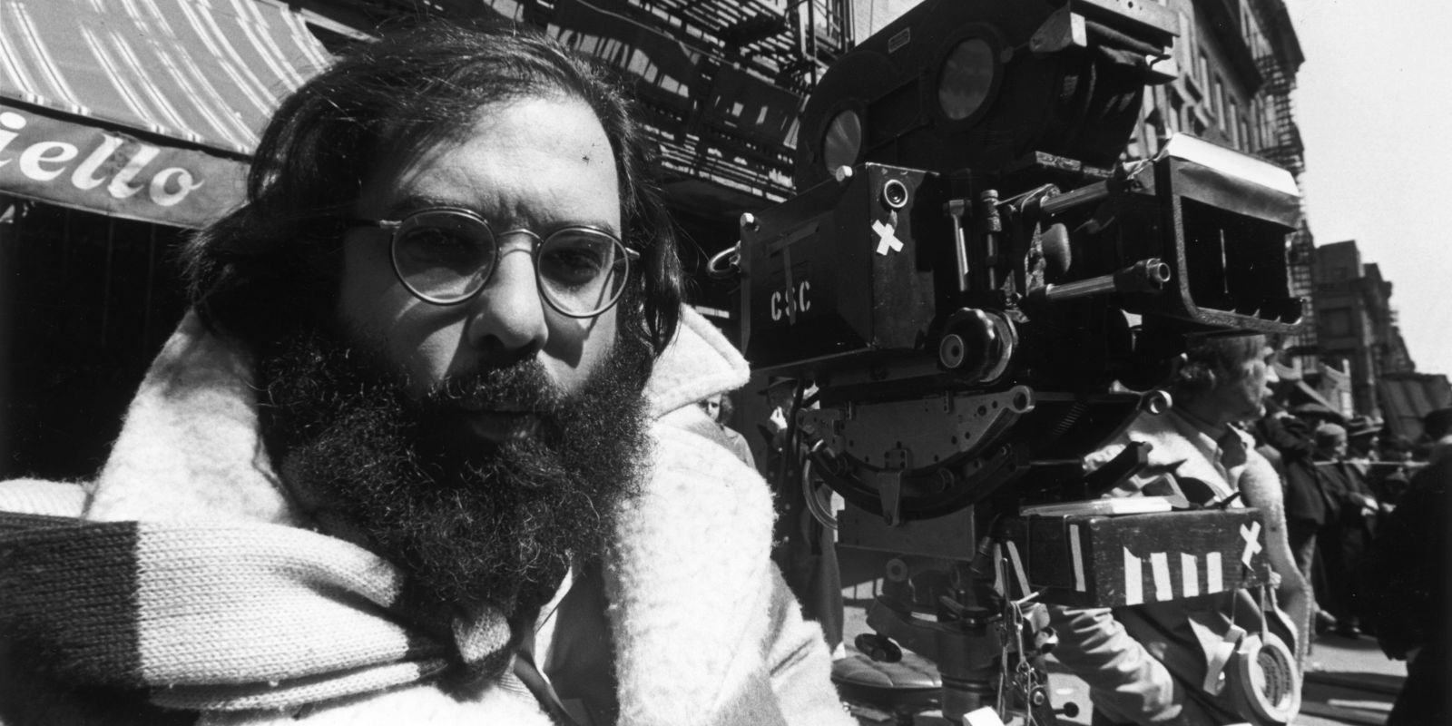 Black and white image of Francis Ford Coppola directing a movie