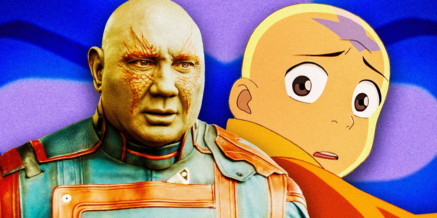 Una imagen dividida de Dave Bautista como Drax y Aang en Avatar: The Last Airbender