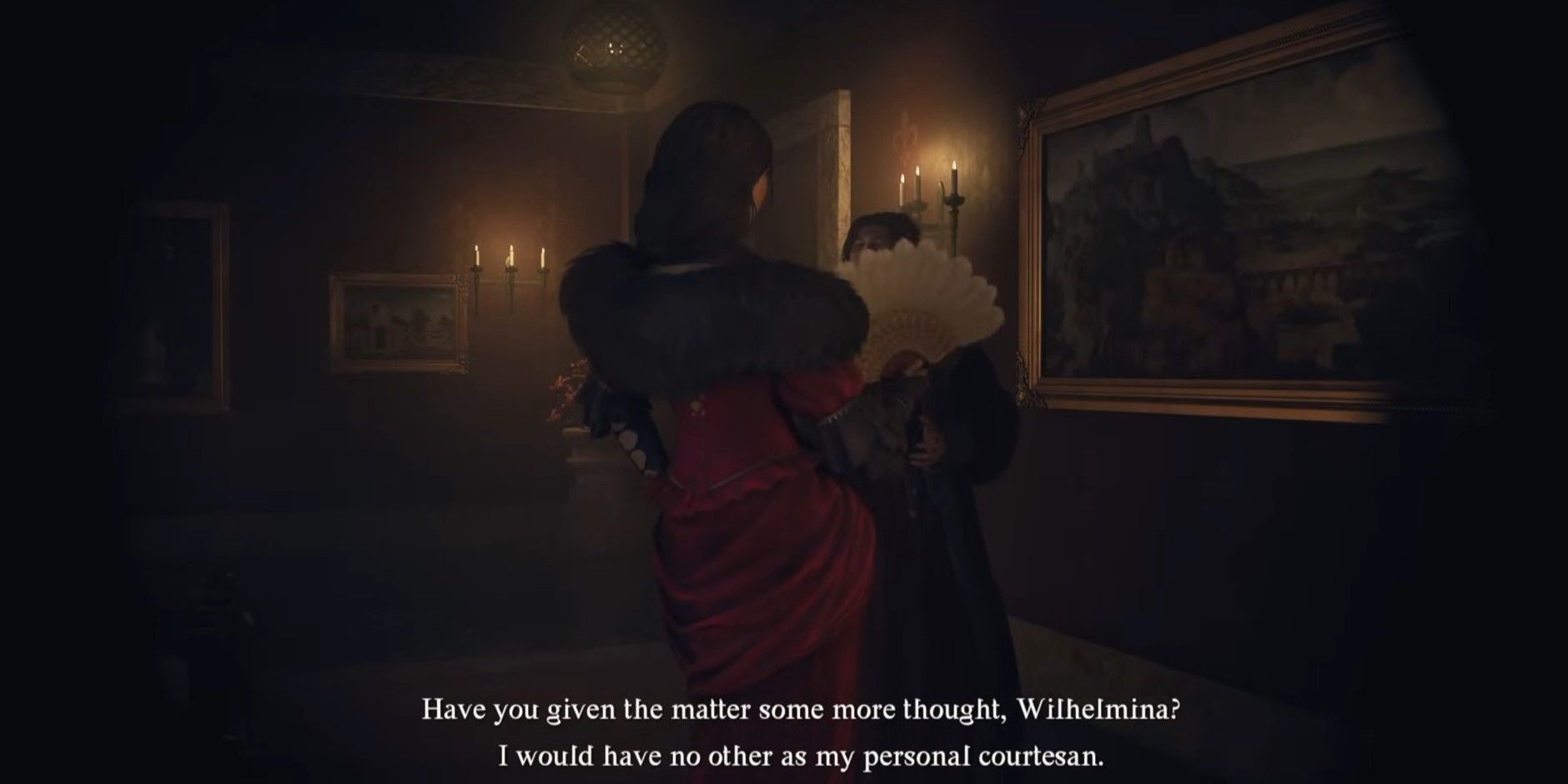 Wilhelmina y Allard de Dragon's Dogma 2, hablando entre ellos en la habitación de Wilhelmina.