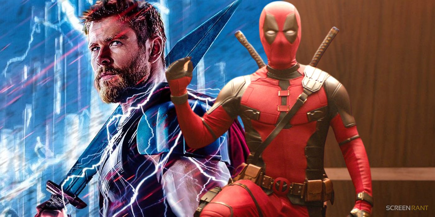 Chris Hemsworth como Thor usando sus poderes de Thor: Ragnarok con Ryan Reynolds como Deadpool parado en un ascensor de Deadpool & Wolverine