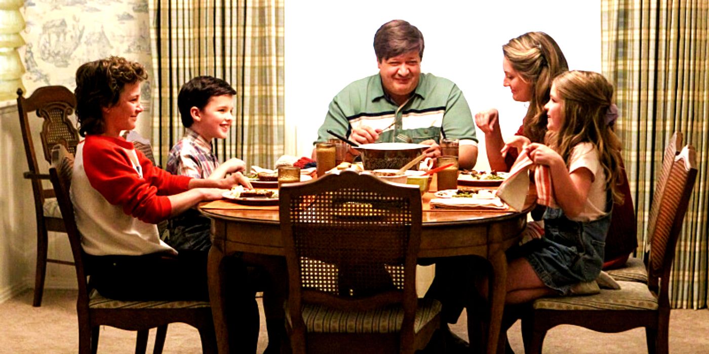 El elenco del joven Sheldon filma la escena final de la cena familiar en fotos sombrías del set