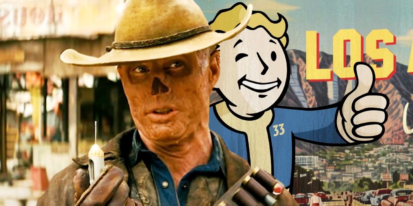 Elenco de la serie de televisión Fallout representado al estilo Pip Boy en el arte (incluida ESA cabeza decapitada)