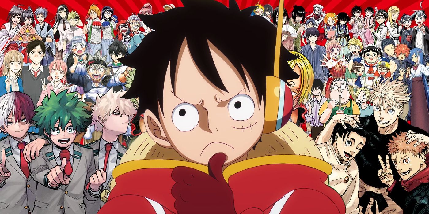 Luffy pensando en un contexto de personajes de manga en la portada de Shonen Jump