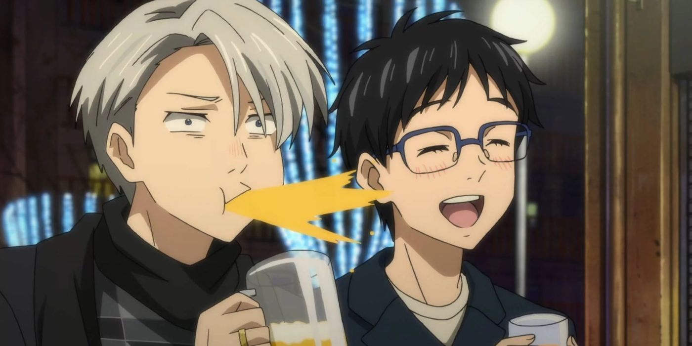 Yuri se ríe y Victor escupe su bebida en una captura de pantalla del anime.