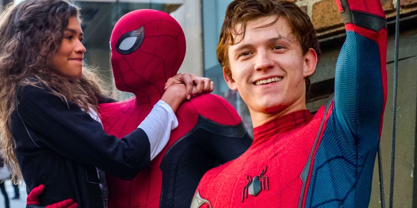 Tom Holland como Peter Parker sonriendo junto a Spider-Man y MJ (Zendaya)