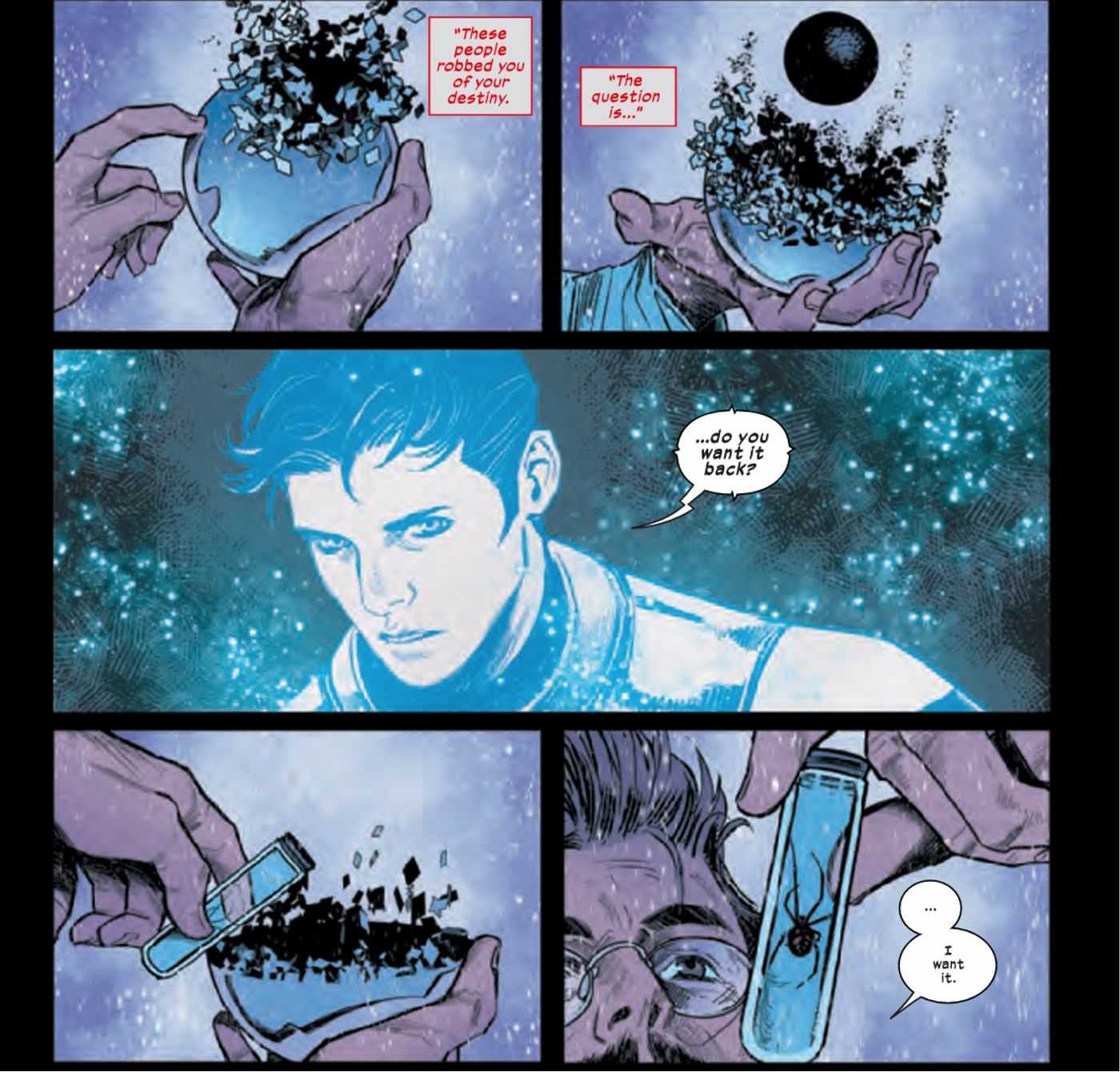 Ultimate Spider-Man #1, un holograma de Tony Stark le pregunta a un Peter Parker adulto si quiere ser Spider-Man.