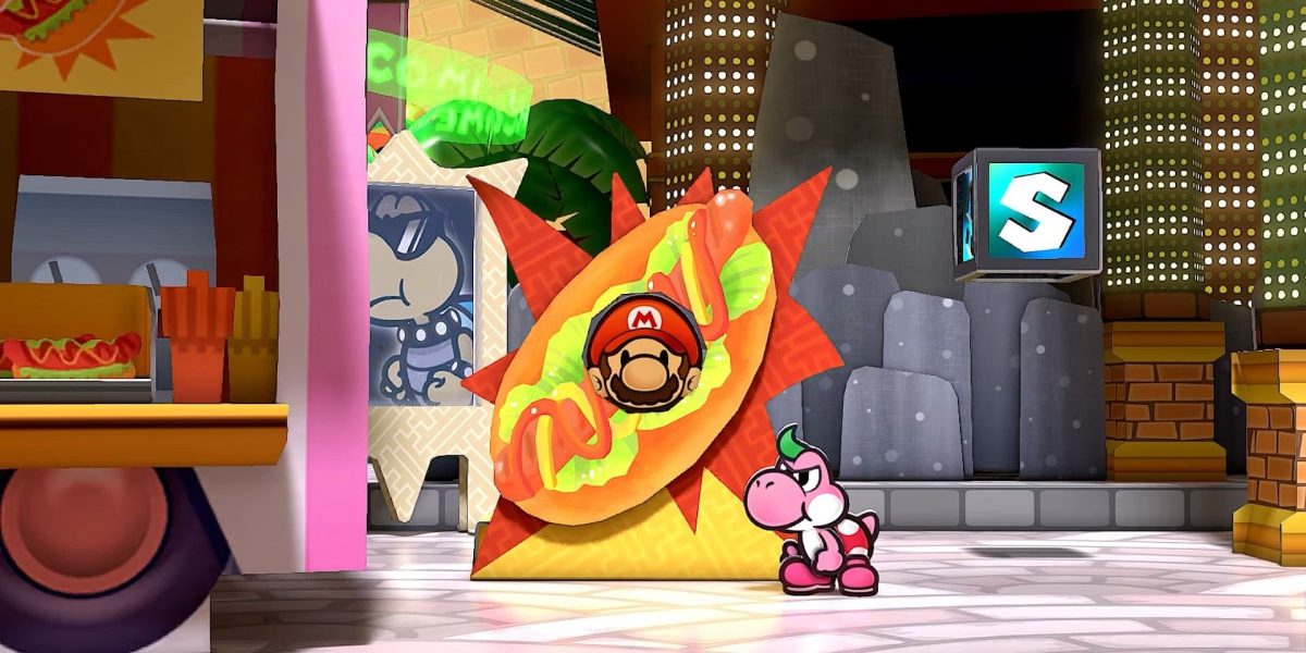 Mario in a photo spot with Pink Yoshi nearby in Paper Mario The Thousand Year Door