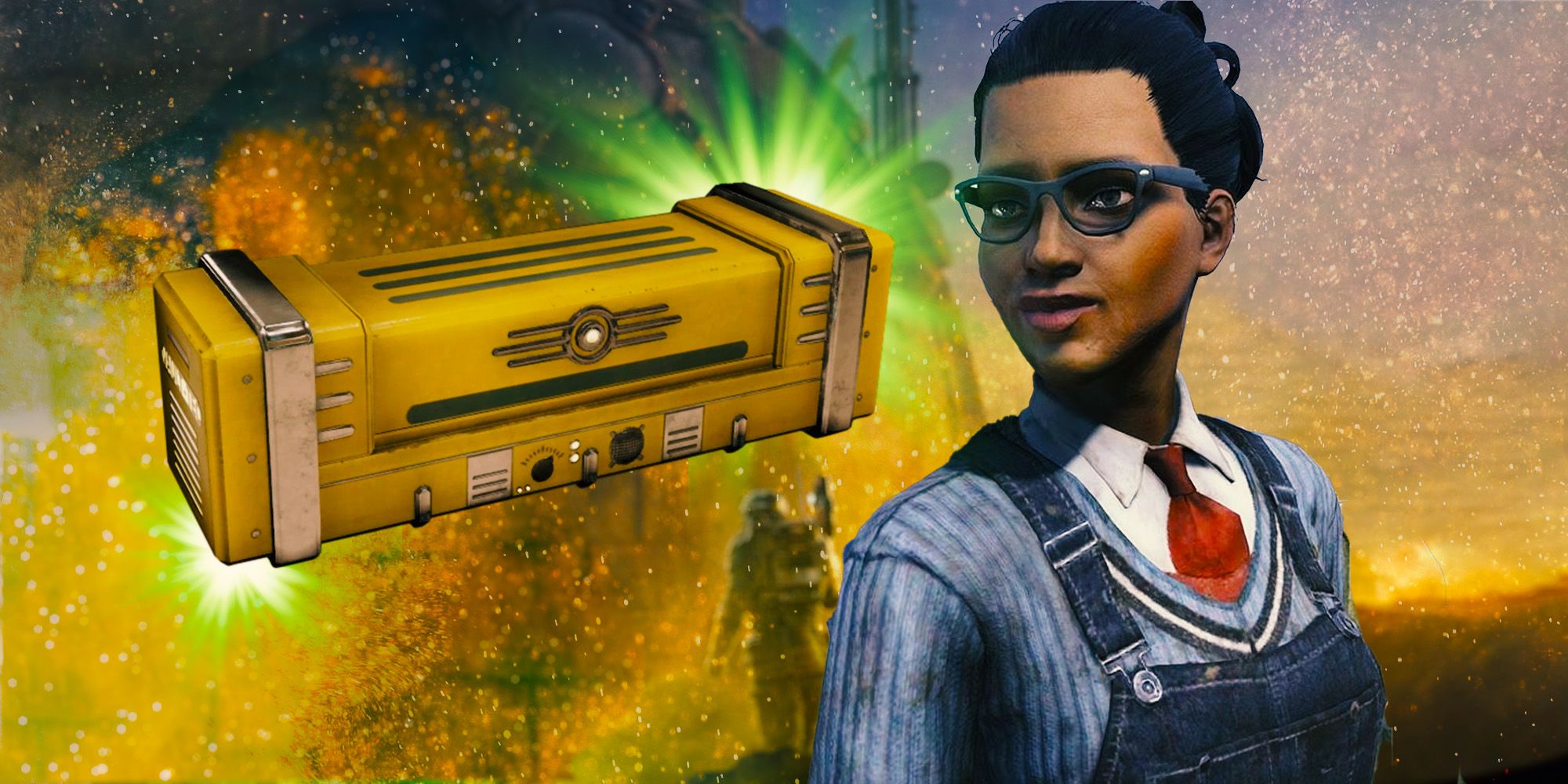 Caja de suministros mediana de Fallout 76 con personaje mirando el contenedor