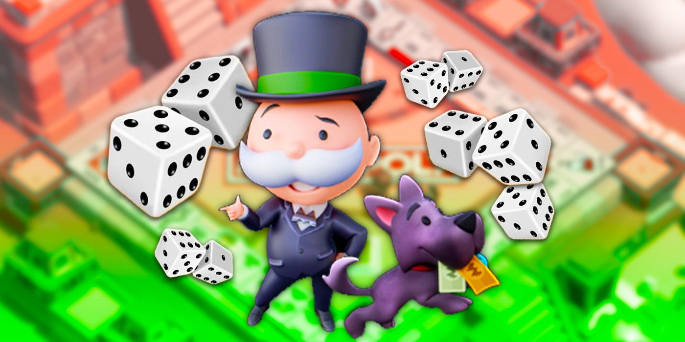 Keyart de Monopoly GO con el Sr. Monopoly, su perro y varios dados con un tablero de juego como fondo.
