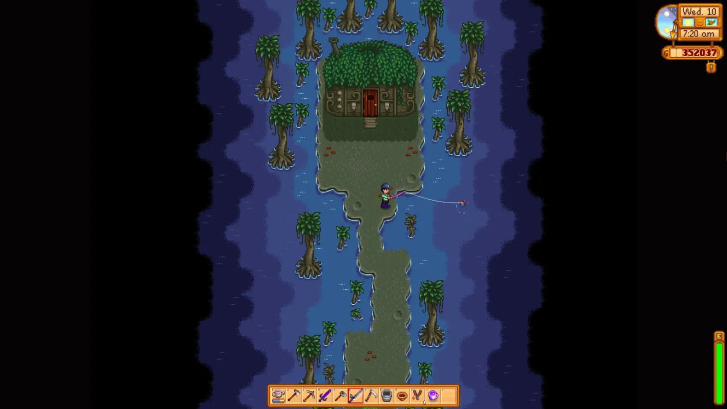 Un granjero de Stardew Valley pesca en las aguas azules del Pantano de las Brujas