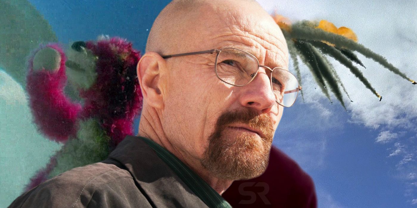 A composite image of Walt, a teddy bear and a plane crash in Breaking Bad