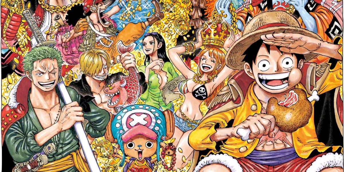 Several One Piece characters in front of gold treasure background with Luffy eating turkey leg in the front