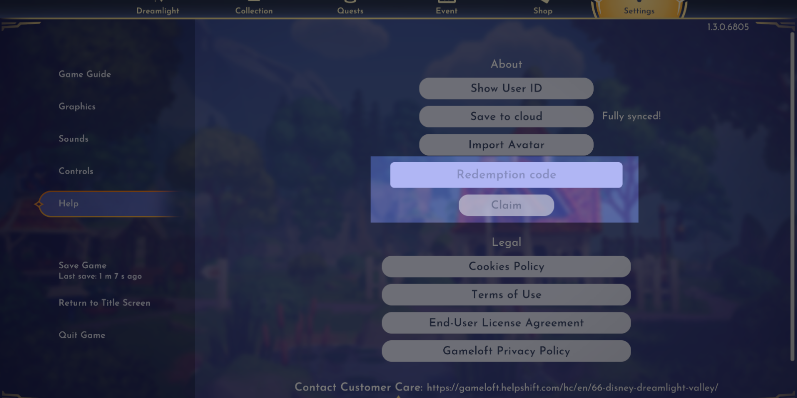 Captura de pantalla del juego de Disney Dreamlight Valley que muestra el cuadro del código de canje
