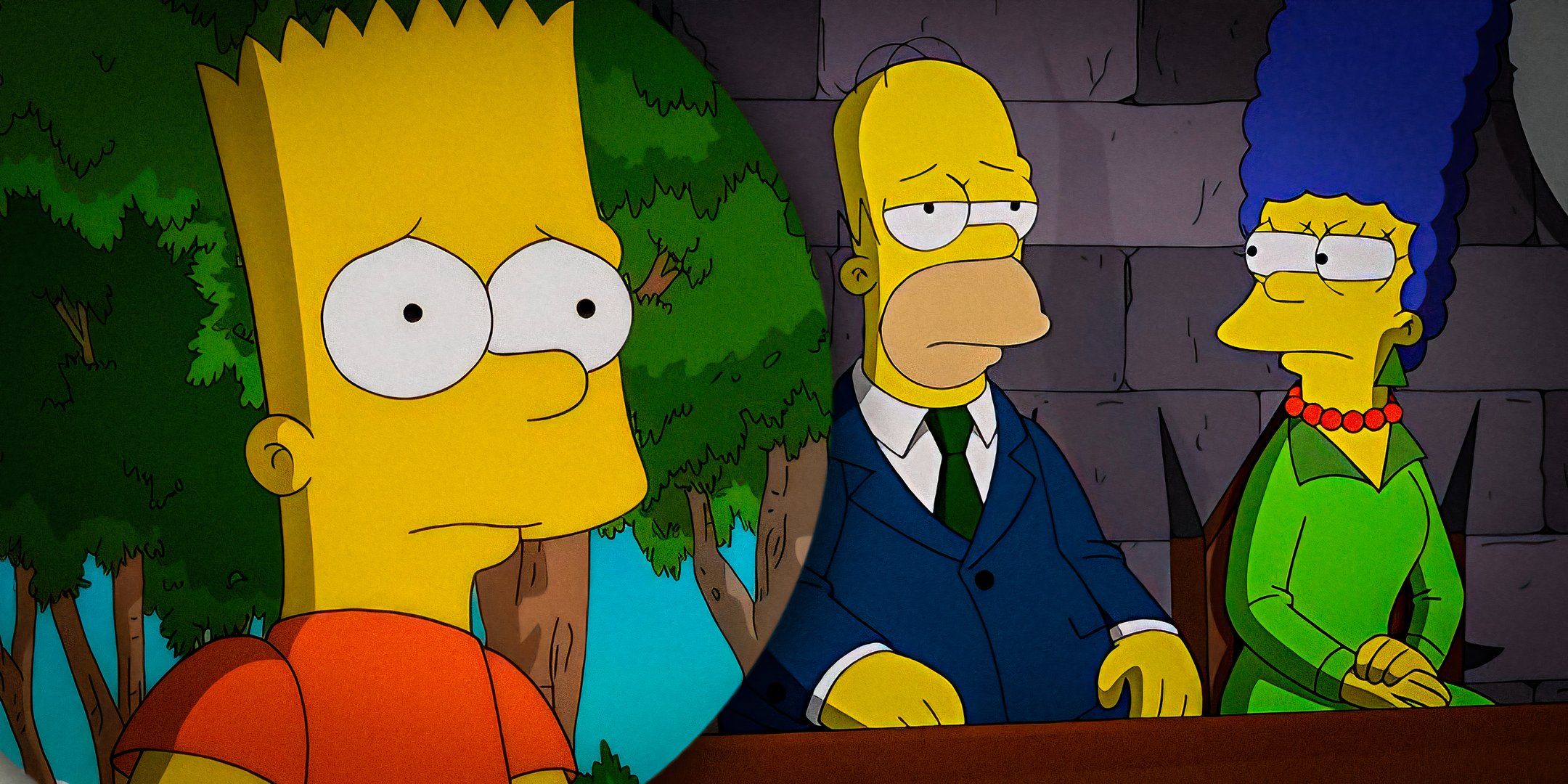 Una imagen compuesta de Bart luciendo preocupado frente a Marge dándole a Homer una mirada sucia en Los Simpsons 