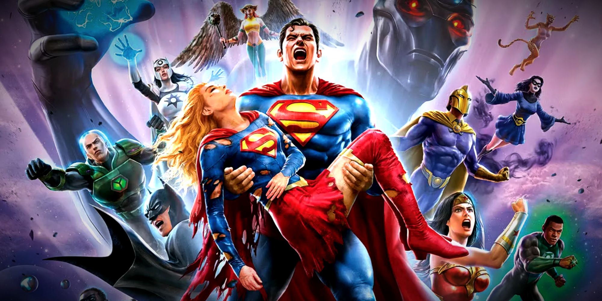 Superman sostiene a Supergirl en Crisis en Tierras Infinitas, parte 3, póster de la película animada de DC
