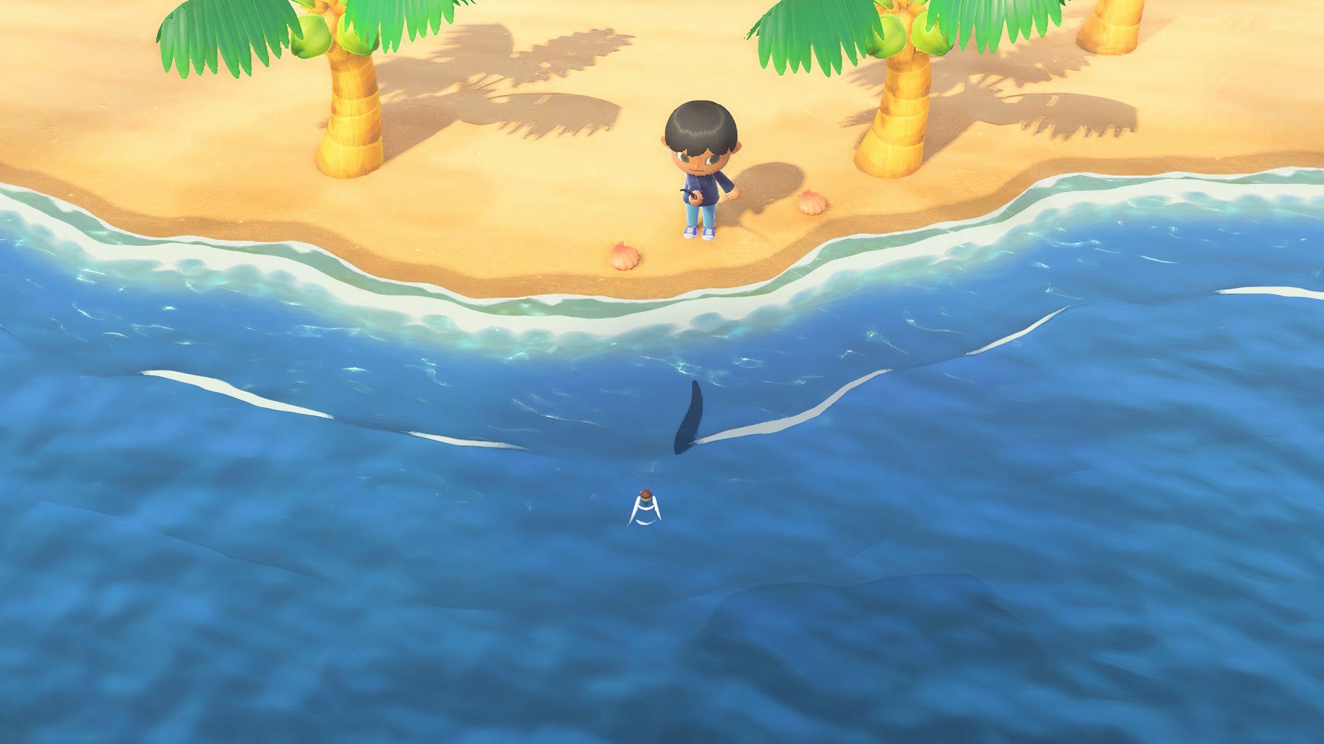 Jugador masculino lanzando una línea de pesca para atrapar una anguila en la playa en Animal Crossing New Horizons